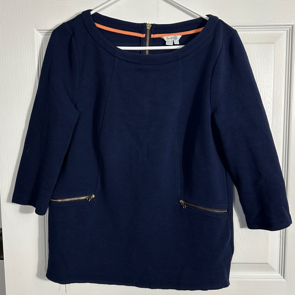 Boden navy cotton ribbed top, scoop neck, 3/4 sleeve, nautical, size 8